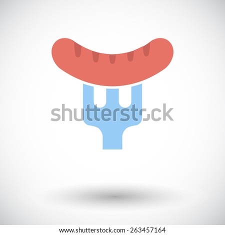 Sausage on a fork. Single flat icon on white background. Vector illustration.