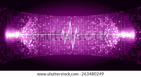Dark purple purple Sound wave background suitable as a backdrop for music, technology and sound projects. Blue Heart pulse monitor with signal. Heart beat.