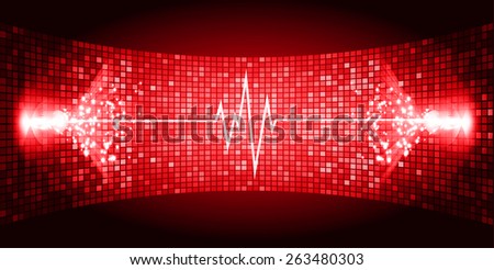 Dark red Sound wave background suitable as a backdrop for music, technology and sound projects. Blue Heart pulse monitor with signal. Heart beat.