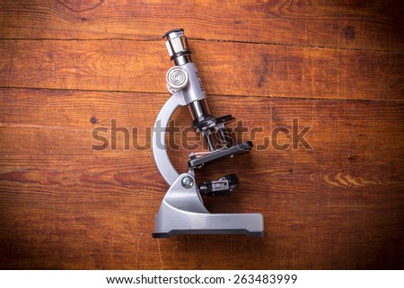 Microscope on table for vintage science background