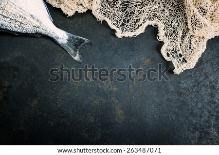 Fish with fishing net on dark vintage background