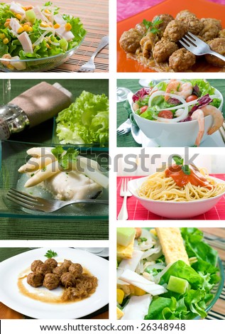 Collage of food related pictures with salad fish meatballs and pasta