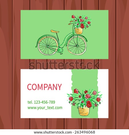 vector watercolor business cards design with flower and bike