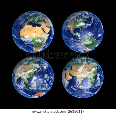 Four Earth Globes with clouds, high res pictures