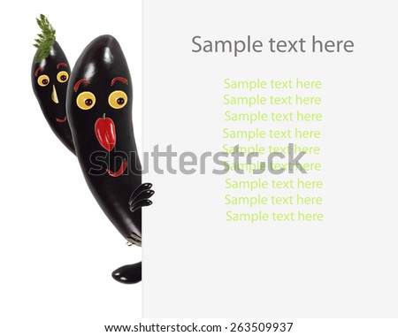 Creative food concept. Little funny eggplant look  and smile with sample text.