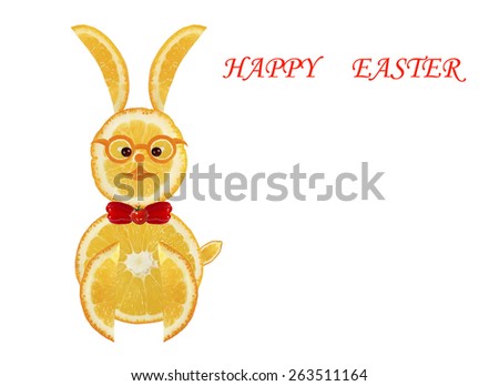 Creative food concept. Little funny yellow rabbit with text Happy Easter.