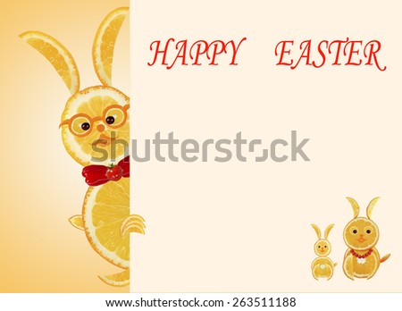 Creative food concept. Little funny yellow rabbits with text Happy Easter.