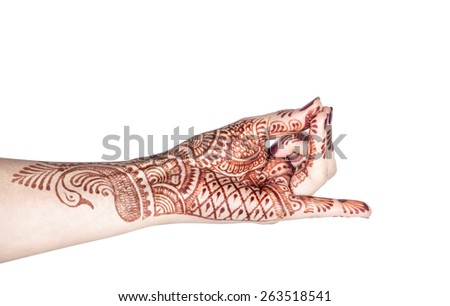 Woman hand with henna doing Apan Vayu mudra isolated on white background with clipping path 