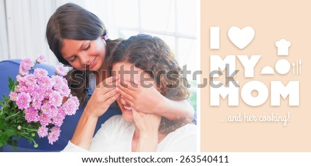 mothers day greeting against smiling girl offering flowers to her mother