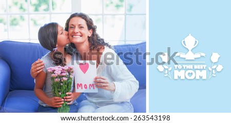 mothers day greeting against cute girl offering flowers and card to her mother