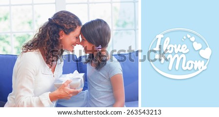 mothers day greeting against cute girl offering gift to her mother