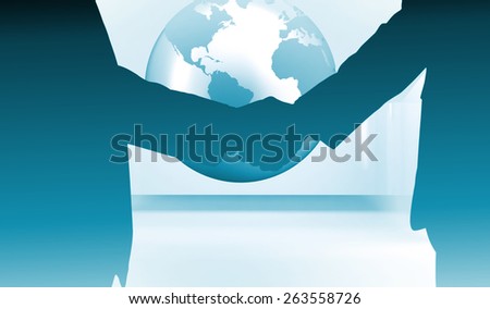 Side view of shaking hands against planet on grey abstract background