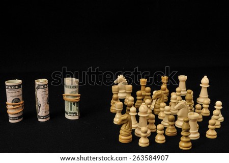 Money Strategy Concept White Chess and Currency on a Black Background