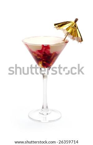 Ice-cream cocktail with cherry jam decorated with golden umbrella in transparent glass over white background