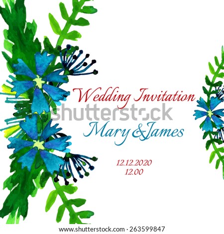 Beautiful wedding invitation with watercolor flowers, boho style. Vector illustration.