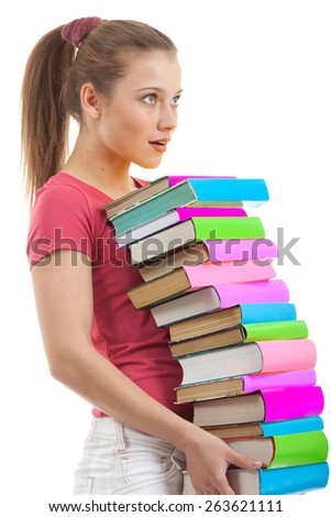 Upset Female Student Carrying a lot of Colorful Books and Looking Out on the White Background