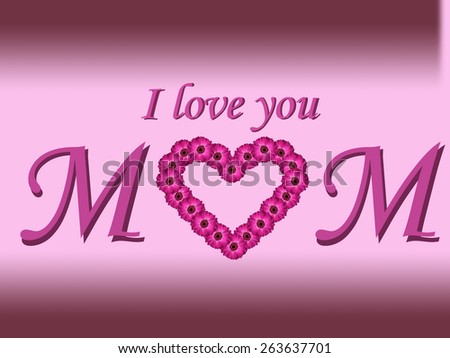 I love you mom text mother's day card with daisy heart and gradient background