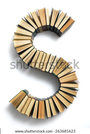 Letter S formed from the page ends of closed vintage hardcover books standing on a white background from a set or series of numbers
