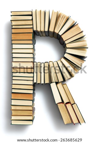 Letter R formed from the page ends of closed vintage hardcover books standing on a white background from a set or series of numbers