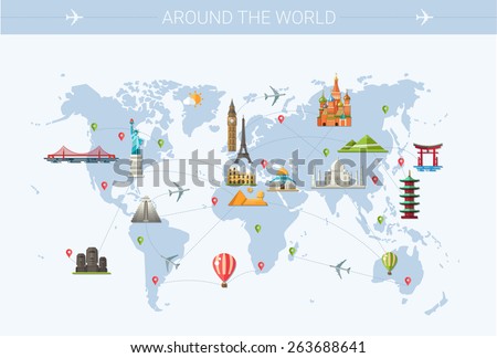 Illustration of vector flat design postcard with famous world landmarks icons on the map Royalty-Free Stock Photo #263688641