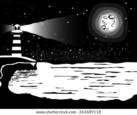 Black and white landscape at the sailor, sea and full moon Vecto