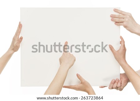 Six Human hands holding white board isolated on white