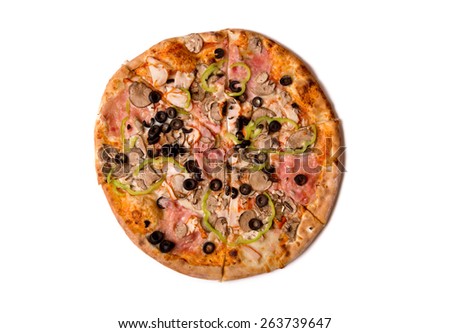 Top view of tasty Italian pizza with ham, mushrooms, and olives, isolated on white background 