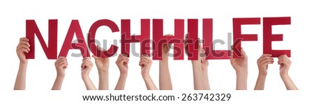 Many Caucasian People And Hands Holding Red Straight Letters Or Characters Building The Isolated Nachhilfe Word Geil Which Means Coaching On White Background