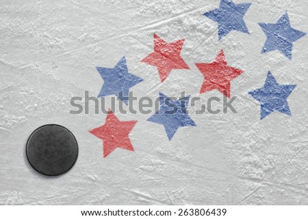 Hockey puck and a schematic representation of the American flag. Concept