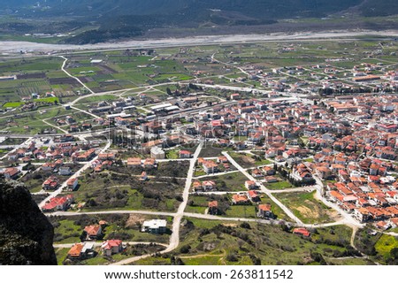Town of Kalambaka from  the Meteora mountains in Thessaly, Greece. UNESCO WOrld Heritage