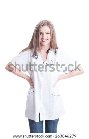 Confident woman or female doctor smiling on white background