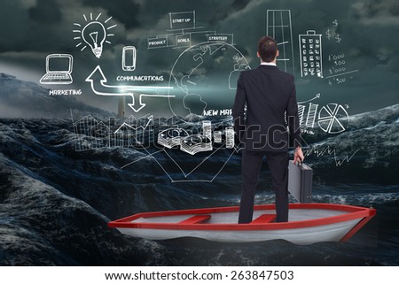Businessman in boat against stormy sea with lighthouse