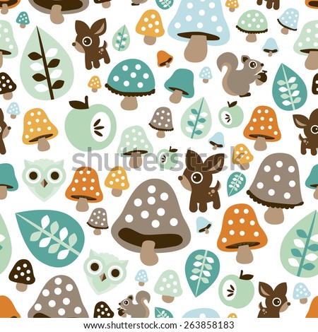 Seamless kids fall woodland animals with toadstool mushroom deer owl and squirrel illustration background pattern in vector
