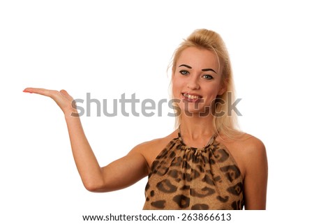 Beautiful blond woman holding hand over white copy space for promotional purpose