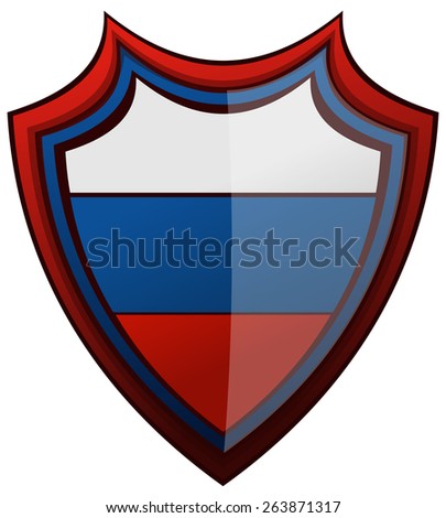 Russia Flag on a Glossy Red Shield, Vector Illustration.