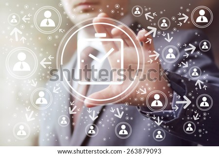 Businessman hand press clock time button sign web