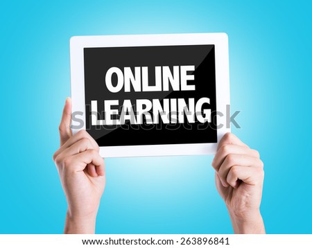 Tablet pc with text Online Learning with blue background
