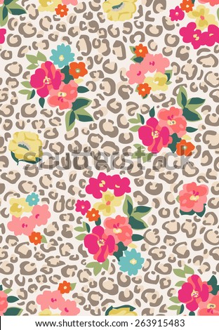 seamless cute flower mix and leopard background vector pattern 3