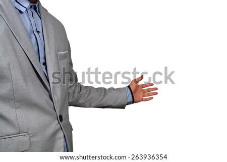 Business Man show welcome or invite gesture on White Background with Clipping path 