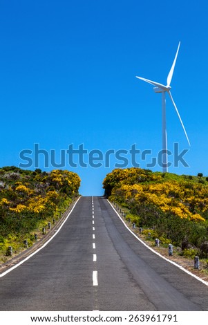 Madeira island. way to the blue sky with a wind turbine. holiday