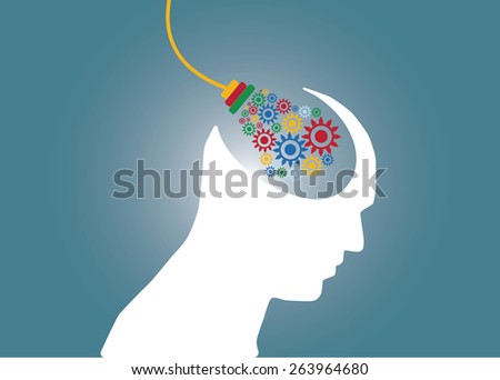 Abstract conceptual image of business human brain idea plug in and gears cogwheel connection teamwork creative template with space as background