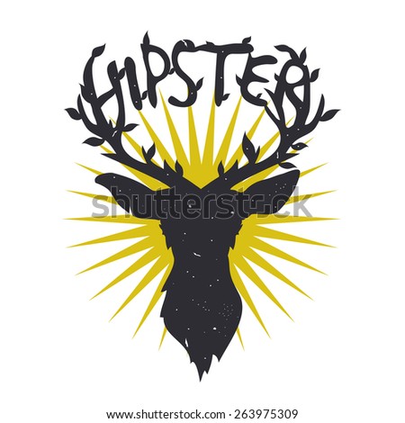 Vector hand drawn typography poster illustration. Deer with horns with leave and word hipster. Sun on the background