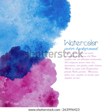 Blue and pink vector watercolor background. Card with watercolor splashes and text template. Invitation card.