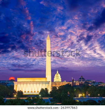 Washington DC skyline with Monument Capitol and Abraham Lincoln memorial sunrise