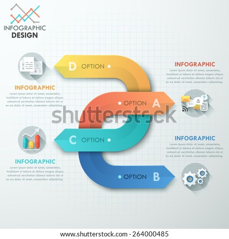 Modern infographics options banner with 4 colorful paper arrows and icons on bright background. Vector. Can be used for web design and  workflow layout