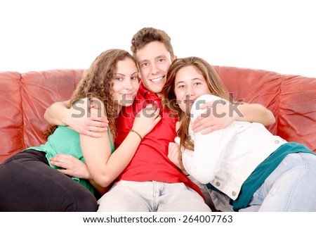 couple sitting on a couch isolated in white background