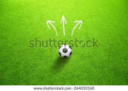 Soccer field with illustrated soccer ball and game strategy plan team on sunny green grass background. 