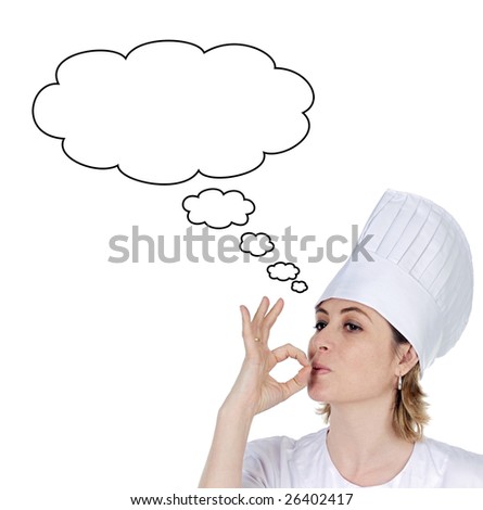 Attractive chef girl thinking isolated on white