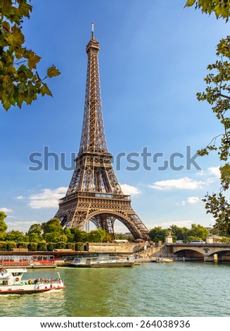 Eiffel tower in summer, Paris, France. Scenery of famous landmark in Europe. Landscape of Paris city with Tour Eiffel and Seine river. Scenic vertical view of majestic architecture on sky background.