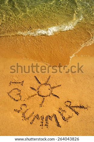 Beautiful summer sunny beach with a picture on the sand and rolling wave
